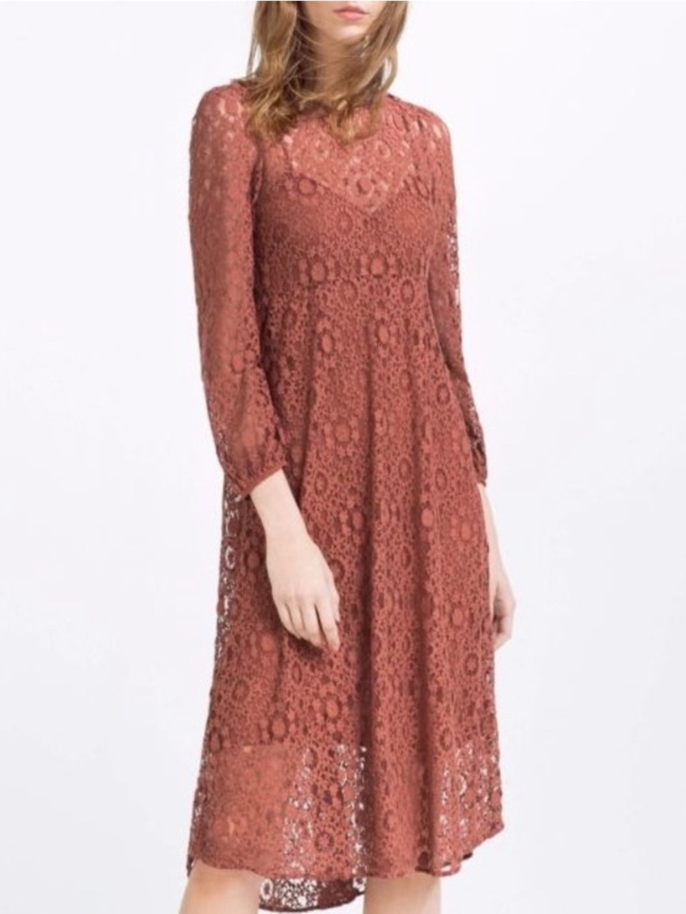 Zara Rust Lace Midi Dress with Long Sleeves
